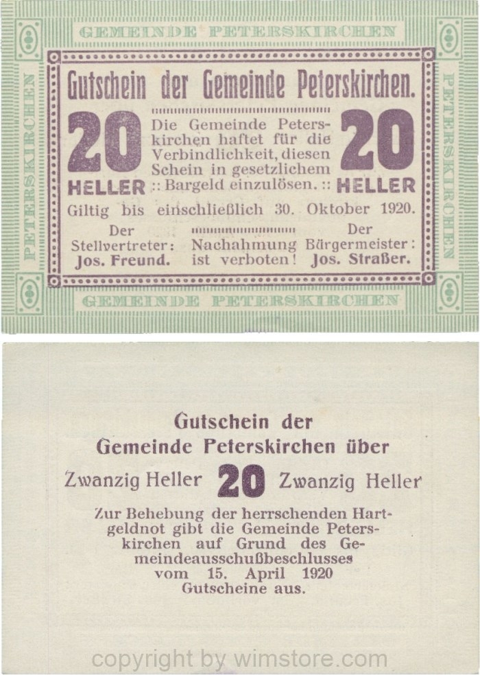 Peterskirchen, G0736b11, Gemeinde, 20 Heller, Papier weiß, nach Stellvertreter der Doppelpunkt eng, nach Bürgermeister der Doppelpunkt weit, Scheine 11; 1-