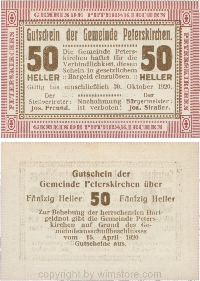 Peterskirchen, G0736b12, Gemeinde, 50 Heller, Papier weiß, nach Stellvertreter der Doppelpunkt eng, nach Bürgermeister der Doppelpunkt weit, Scheine 12; 1-