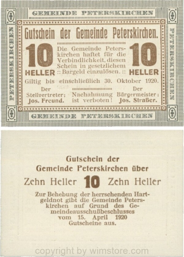 Peterskirchen, G0736b16, Gemeinde, 10 Heller, Papier weiß, nach Stellvertreter und Bürgermeister die Doppelpunkte eng, Scheine 16; 1