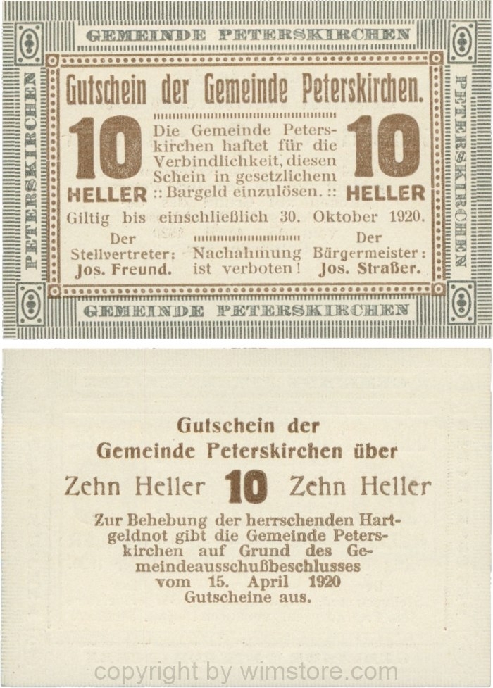 Peterskirchen, G0736b16, Gemeinde, 10 Heller, Papier weiß, nach Stellvertreter und Bürgermeister die Doppelpunkte eng, Scheine 16; 1