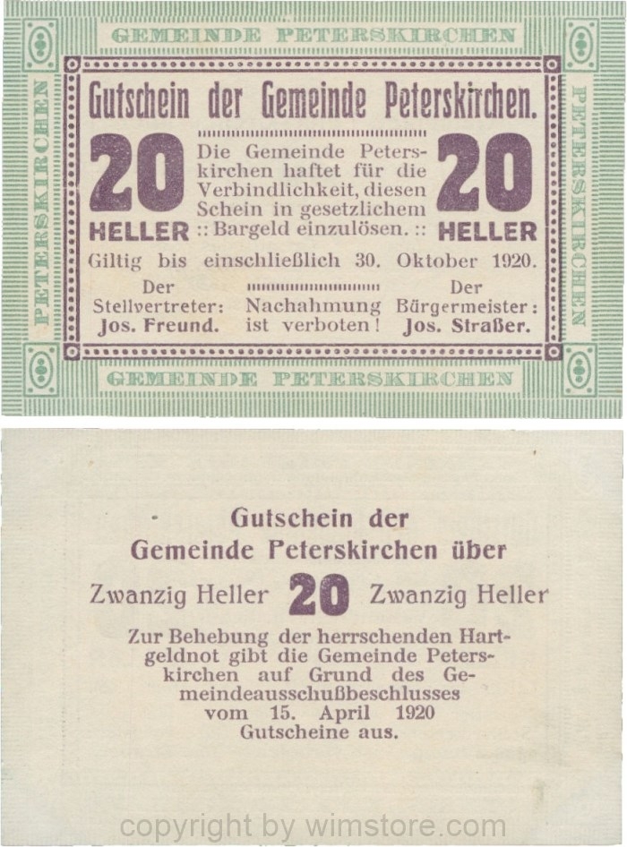 Peterskirchen, G0736b17, Gemeinde, 20 Heller, Papier weiß, nach Stellvertreter und Bürgermeister die Doppelpunkte eng, Scheine 17; 1-
