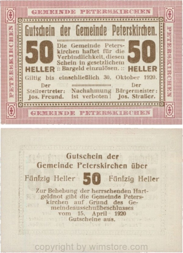 Peterskirchen, G0736b18, Gemeinde, 50 Heller, Papier weiß, nach Stellvertreter und Bürgermeister die Doppelpunkte eng, Scheine 18; 1-