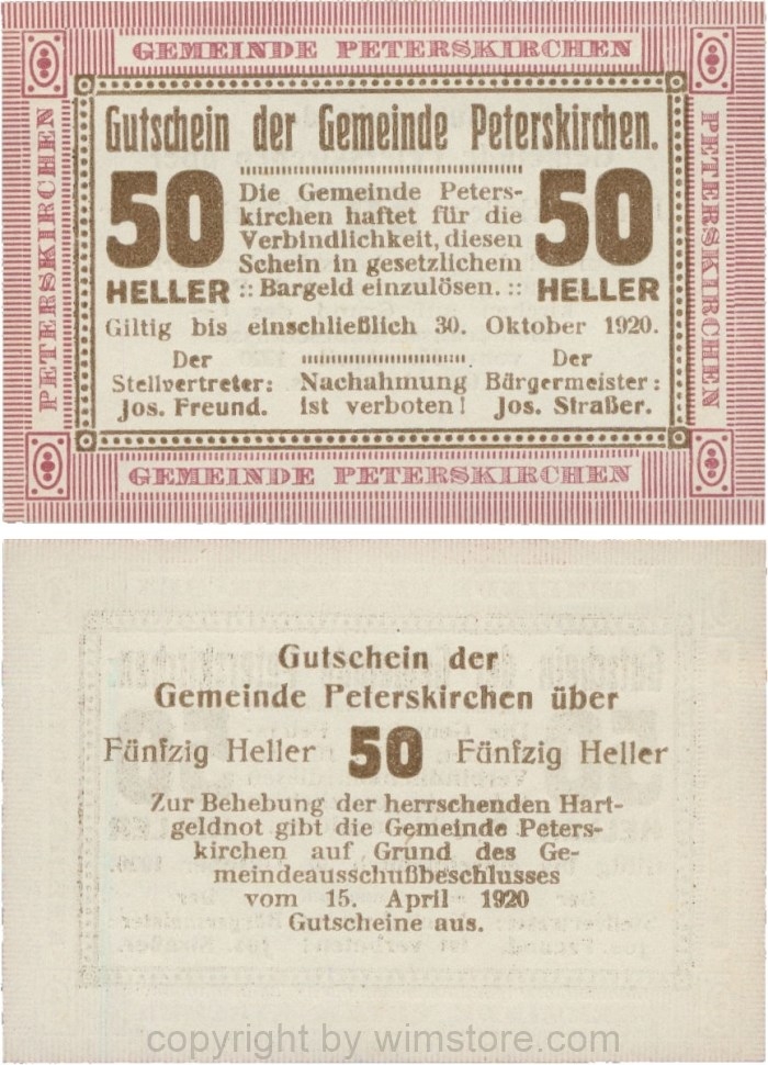 Peterskirchen, G0736b18, Gemeinde, 50 Heller, Papier weiß, nach Stellvertreter und Bürgermeister die Doppelpunkte eng, Scheine 18; 1-