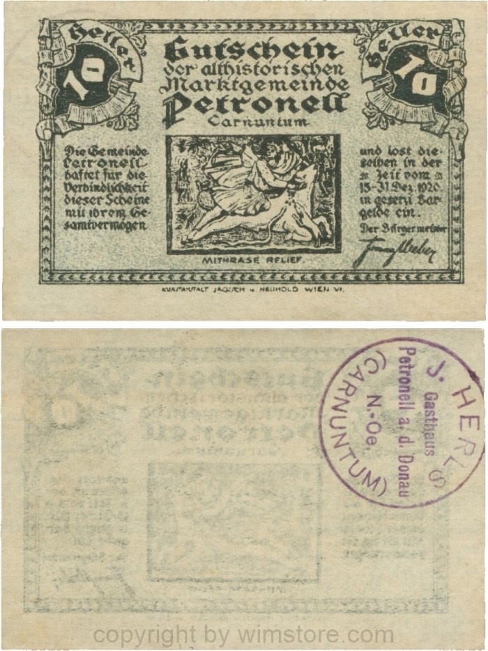 Petronell, G0737e, Marktgemeinde, 10 Heller, blauer Firmenstempel "J. HERLS Gasthaus; 1