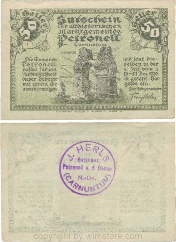 Petronell, G0737e, Marktgemeinde, 50 Heller, blauer Firmenstempel "J. HERLS Gasthaus; 3