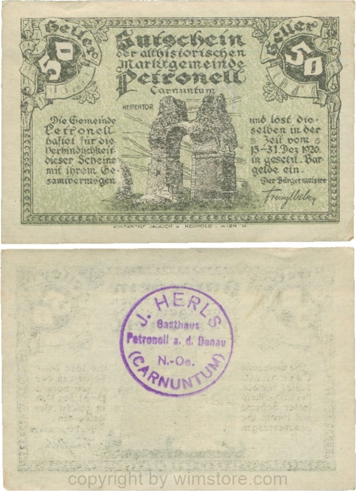 Petronell, G0737e, Marktgemeinde, 50 Heller, blauer Firmenstempel "J. HERLS Gasthaus; 3