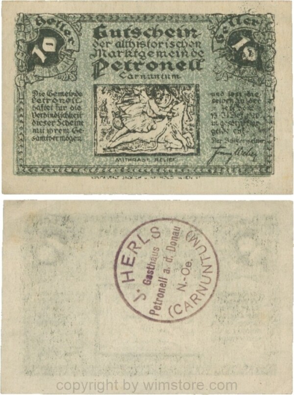 Petronell, G0737f, Marktgemeinde, 10 Heller, schwarzer Firmenstempel "J. HERLS Gasthaus; 1-