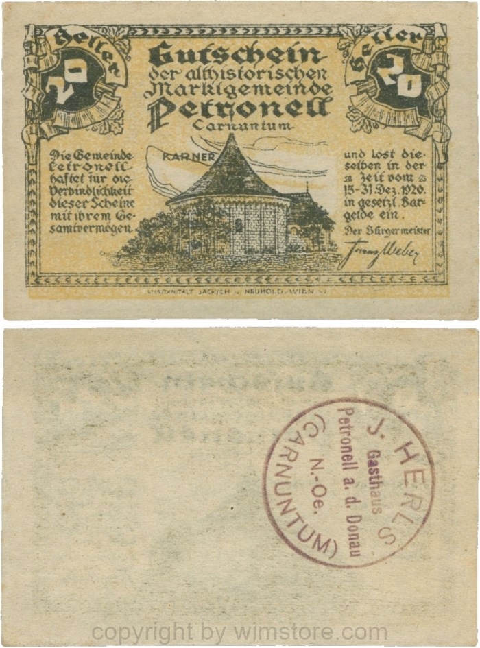 Petronell, G0737f, Marktgemeinde, 20 Heller, schwarzer Firmenstempel "J. HERLS Gasthaus; 1-