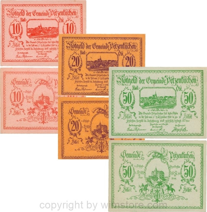 Petzenkirchen, G0740a, Gemeinde, Serie 10, 20 und 50 Heller; 1-