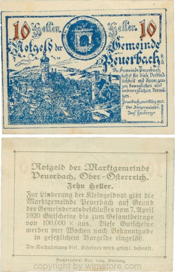 Peuerbach, G0741.1a, Marktgemeinde, 10 Heller, dunkelblau, bei 1920 sind alle Ziffern gleichgroß, am Rahmen der Textseite 4 Punkte, Schein 01; 1-