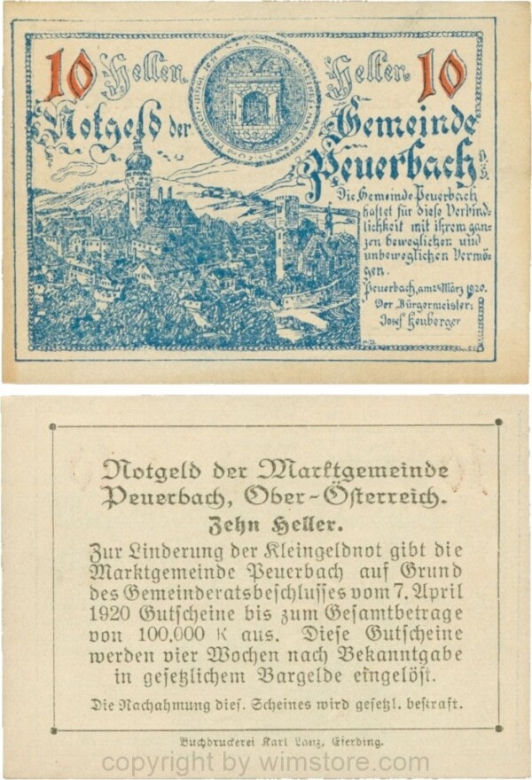 Peuerbach, G0741.1b, Marktgemeinde, 10 Heller, hellblau, bei 1920 sind alle Ziffern gleichgroß, am Rahmen der Textseite 4 Punkte, Schein 02; 1-