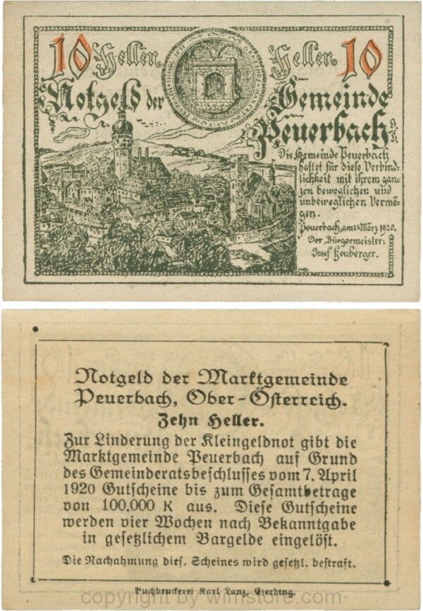Peuerbach, G0741.1i, Marktgemeinde, 10 Heller, schwarz, bei 1920 ist 1 und 0 kleiner, am Rahmen der Textseite 4 Punkte, Schein 09; 1-