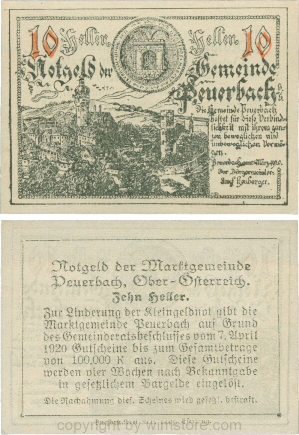 Peuerbach, G0741.1i, Marktgemeinde, 10 Heller, schwarz, bei 1920 ist 1 und 0 kleiner, am Rahmen der Textseite fehlt der Punkt rechts oben, Schein 33; 1-