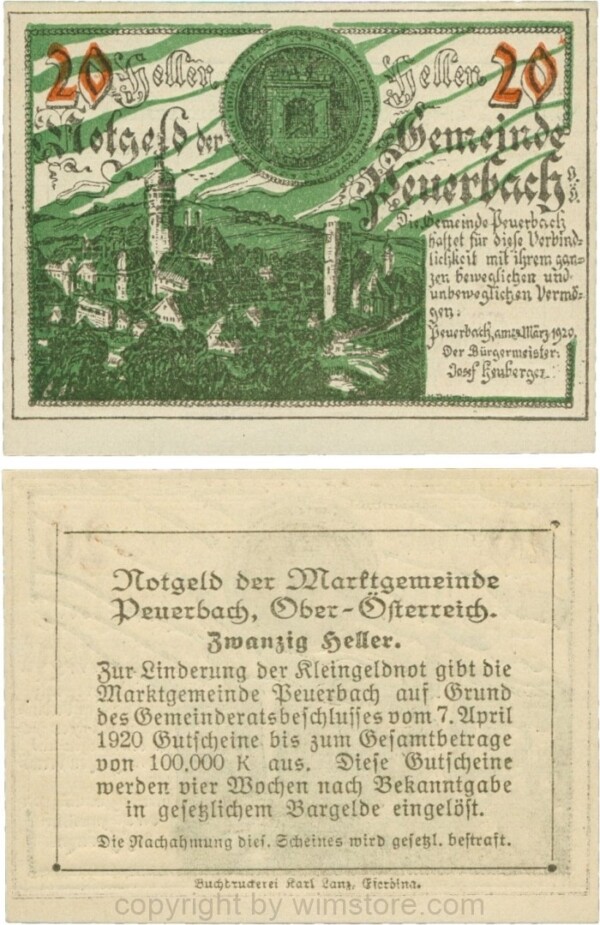 Peuerbach, G0741.1l, Marktgemeinde, 20 Heller, grün, am Rahmen der Textseite fehlt der Punkt links oben, Schein 24; 1
