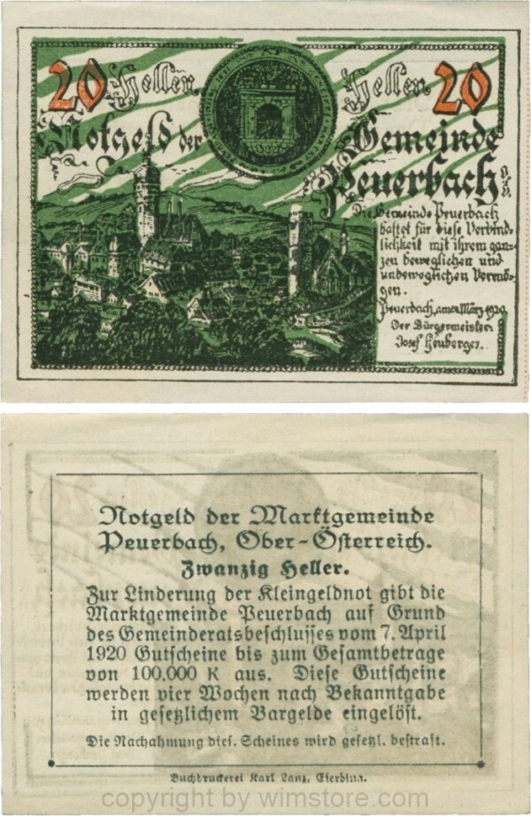 Peuerbach, G0741.1l, Marktgemeinde, 20 Heller, grün, am Rahmen der Textseite fehlen beide obere Punkte, Schein 60; 1-