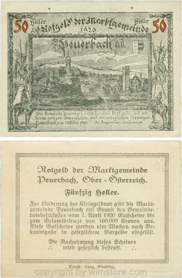 Peuerbach, G0741.1t, Marktgemeinde, 50 Heller, schwarz, bei 100.000 ist die erste 0 kleiner; 1-