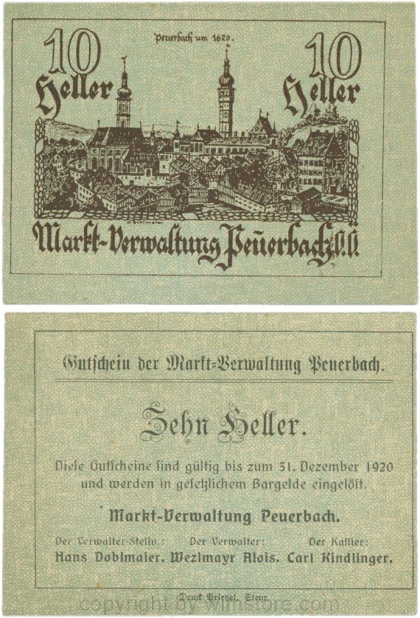 Peuerbach Markt-Verwaltung, P0742.2g1, 10 Heller, Udr. 3, Dfa. Druck Prietzel, Steyer; 1-