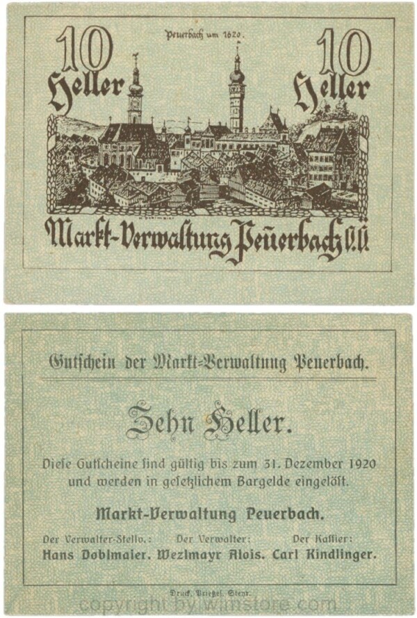Peuerbach Markt-Verwaltung, P0742.2g2, 10 Heller, Udr. 3, Dfa. Druck, Prietzel, Steyer; 1-