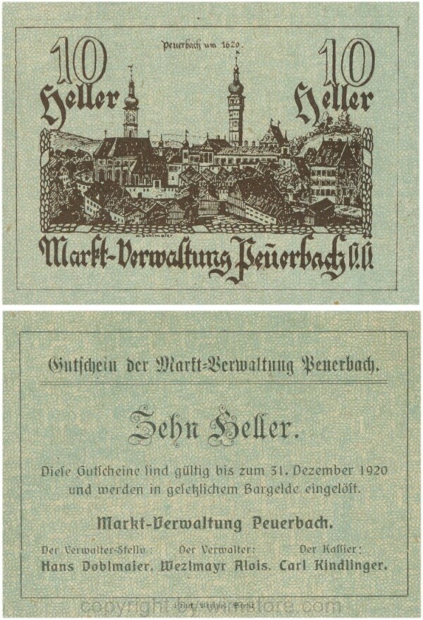 Peuerbach Markt-Verwaltung, P0742.2g2a, 10 Heller, Udr. 3, Dfa. Druck, Prietzel Steyer, nach Prietzel kein Beistrich, nicht im Katalog; 1-