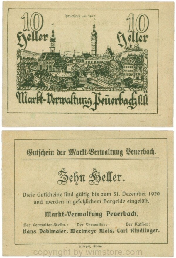Peuerbach Markt-Verwaltung, P0742.2f, 10 Heller, ohne Udr., D. bds. grün; 1-
