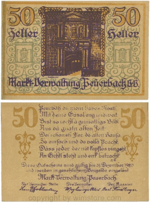 Peuerbach Markt-Verwaltung, P0742.2o, 50 Heller, Bildseite mit Umrahmung; 1-