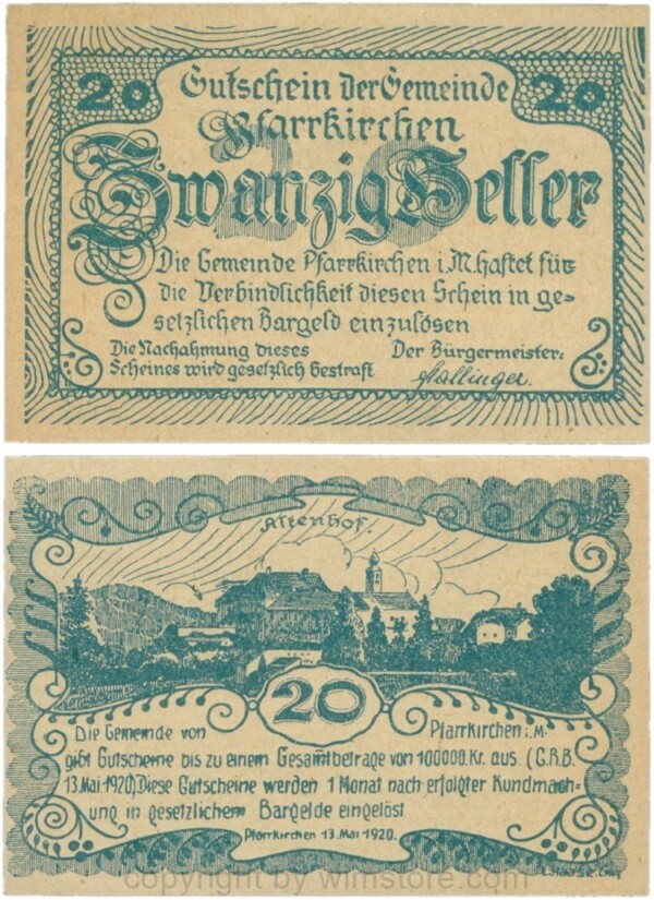 Pfarrkirchen im Mühlkreis, G744.1b, 20 Heller, Druck blau, Papier gelblich und dünn, 1