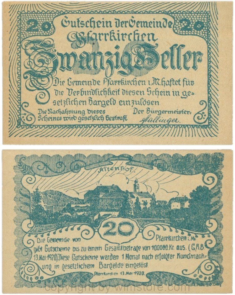 Pfarrkirchen im Mühlkreis, G744.1b, 20 Heller, Druck blau, Papier gelblich und dünn, 1-