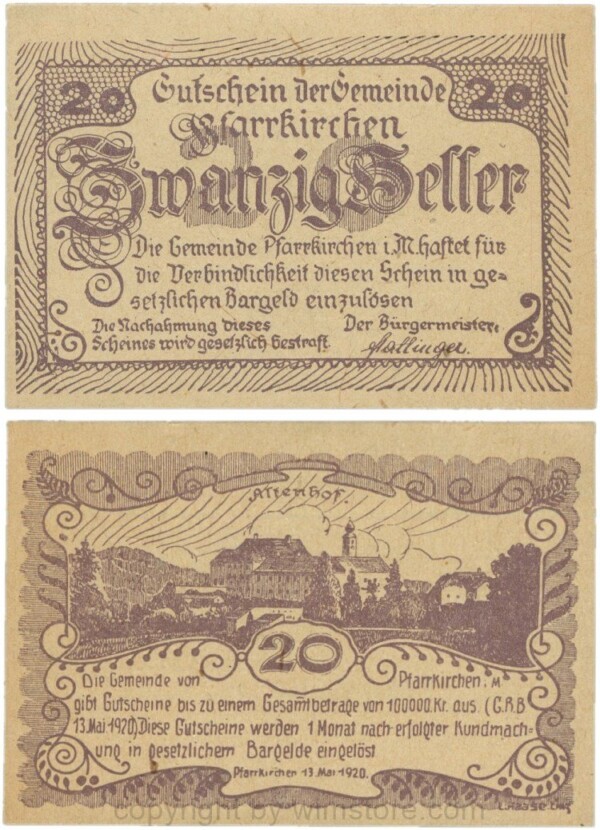 Pfarrkirchen im Mühlkreis, G744.1c, 20 Heller, Druck violett, Papier gelblich und dünn, 1
