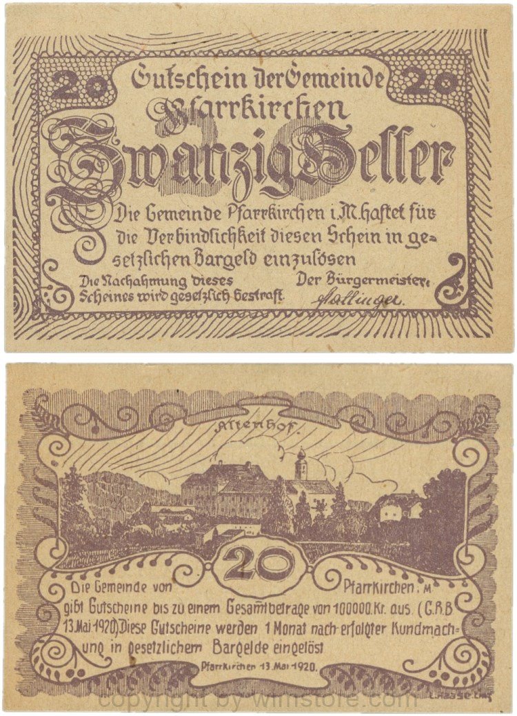 Pfarrkirchen im Mühlkreis, G744.1c, 20 Heller, Druck violett, Papier gelblich und dünn, 1