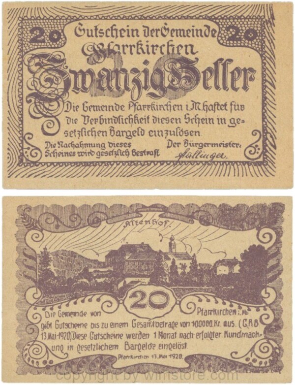Pfarrkirchen im Mühlkreis, G744.1c, 20 Heller, Druck violett, Papier gelblich und dünn, 1-