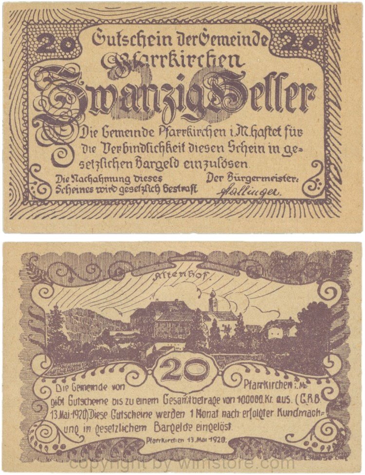 Pfarrkirchen im Mühlkreis, G744.1c, 20 Heller, Druck violett, Papier gelblich und dünn, 1-