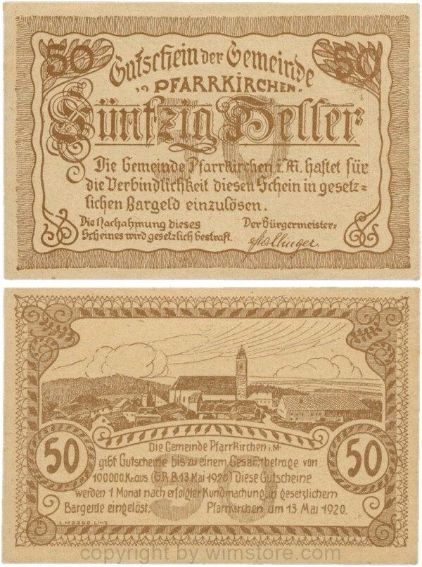 Pfarrkirchen im Mühlkreis, G744.1e, 50 Heller, Druck braun, Papier gelblich und dünn, 1