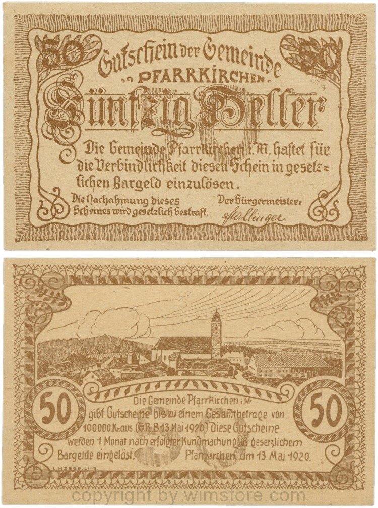 Pfarrkirchen im Mühlkreis, G744.1e, 50 Heller, Druck braun, Papier gelblich und dünn, 1