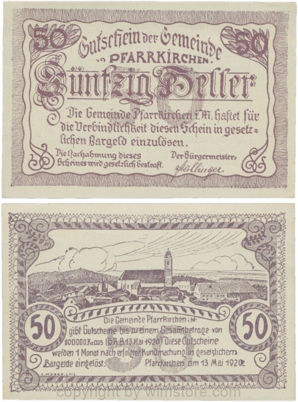 Pfarrkirchen im Mühlkreis, G744.1f, 50 Heller, Druck violatt, Papier grau und dick, 1