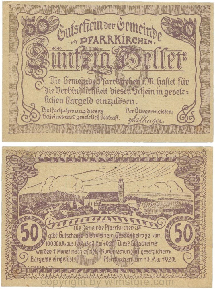Pfarrkirchen im Mühlkreis, G744.1g, 50 Heller, Druck violatt, Papier gelblich und dünn, 1-