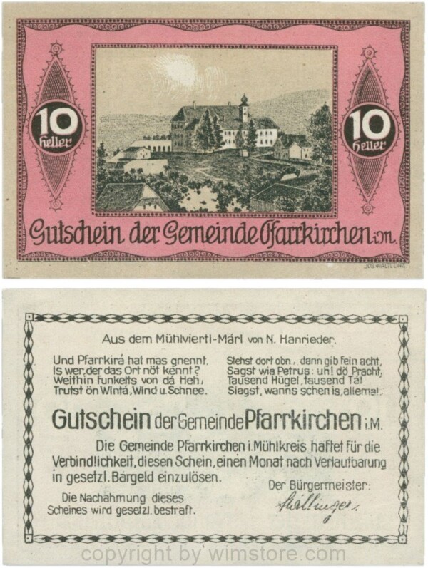 Pfarrkirchen im Mühlkreis, G744.3a, 10 Heller, Bildseite weinrot; 1