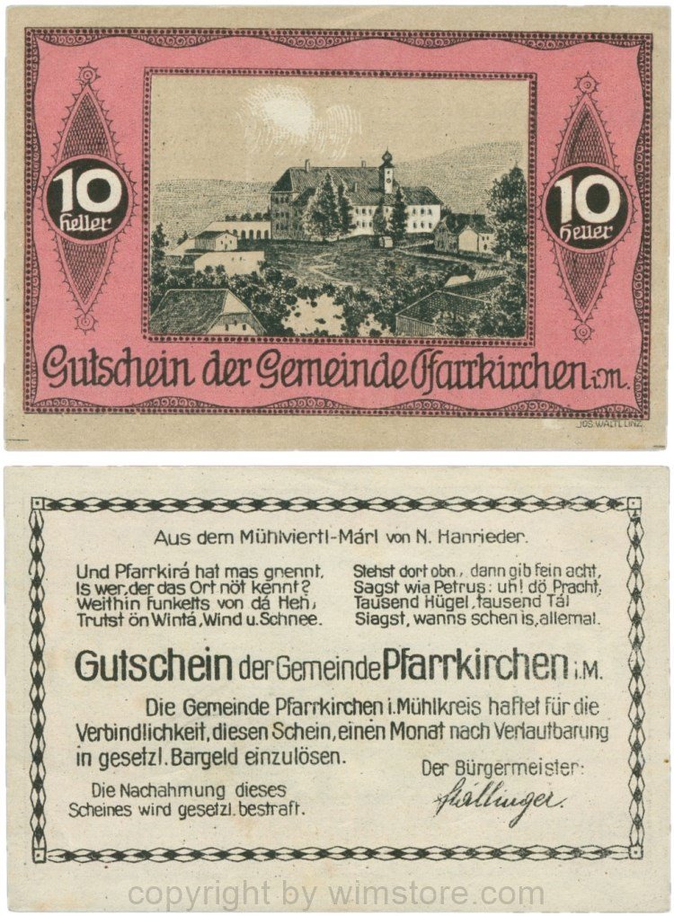 Pfarrkirchen im Mühlkreis, G744.3a, 10 Heller, Bildseite weinrot; 1-