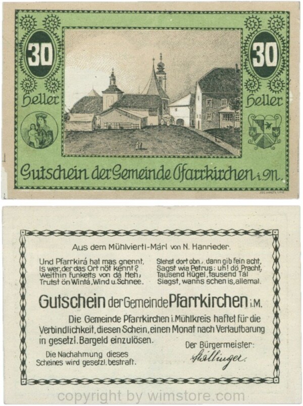 Pfarrkirchen im Mühlkreis, G744.3a, 30 Heller, Bildseite grün; 1