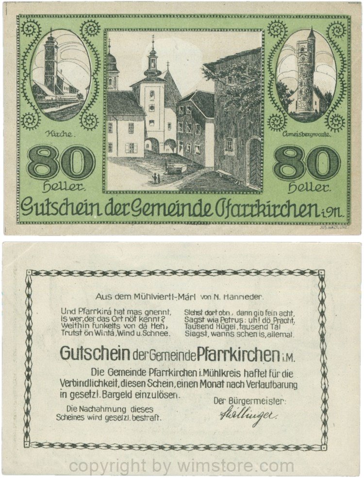 Pfarrkirchen im Mühlkreis, G744.3c, 80 Heller, Bildseite grün, Kirche und linkes Nebengebäude grau, Himmel mit weissen Fleck; 1-