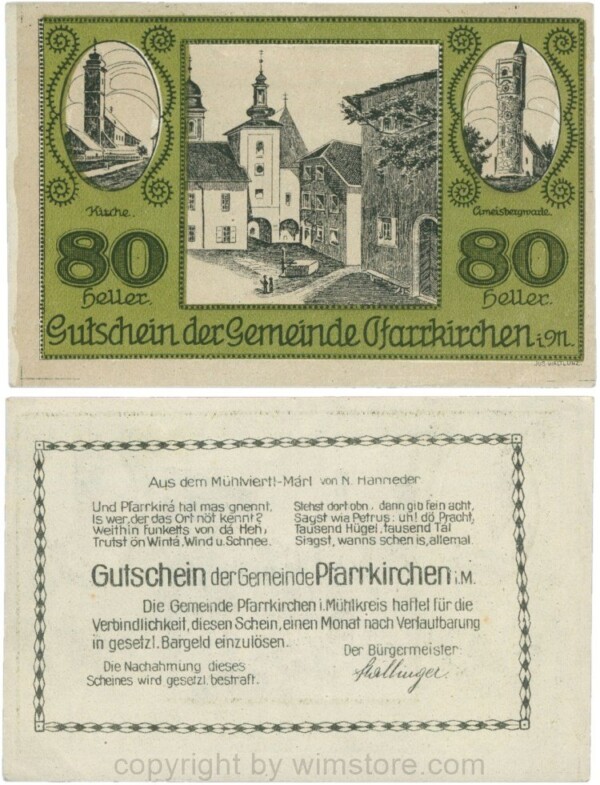Pfarrkirchen im Mühlkreis, G744.3d, 80 Heller, Bildseite grün, Kirche und linkes Nebengebäude grau, Himmel ohne weissen Fleck; 1