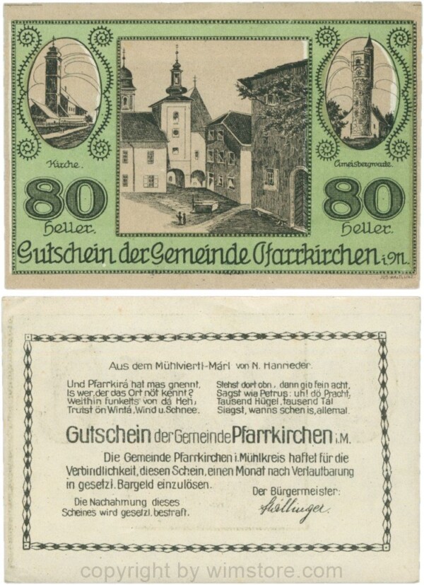 Pfarrkirchen im Mühlkreis, G744.3d, 80 Heller, Bildseite grün, Kirche und linkes Nebengebäude grau, Himmel ohne weissen Fleck; 1-