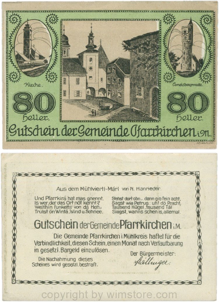 Pfarrkirchen im Mühlkreis, G744.3d, 80 Heller, Bildseite grün, Kirche und linkes Nebengebäude grau, Himmel ohne weissen Fleck; 1-
