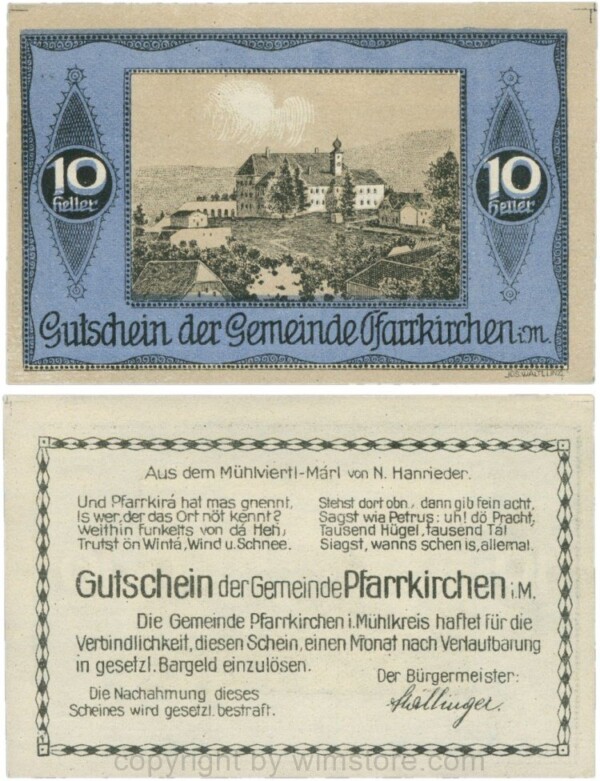 Pfarrkirchen im Mühlkreis, G744.3e, 10 Heller, Bildseite blau; 1