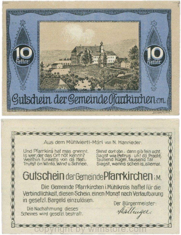 Pfarrkirchen im Mühlkreis, G744.3e, 10 Heller, Bildseite blau; 1