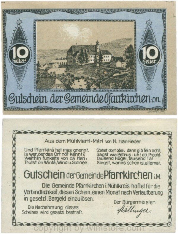 Pfarrkirchen im Mühlkreis, G744.3e, 10 Heller, Bildseite blau; 1-