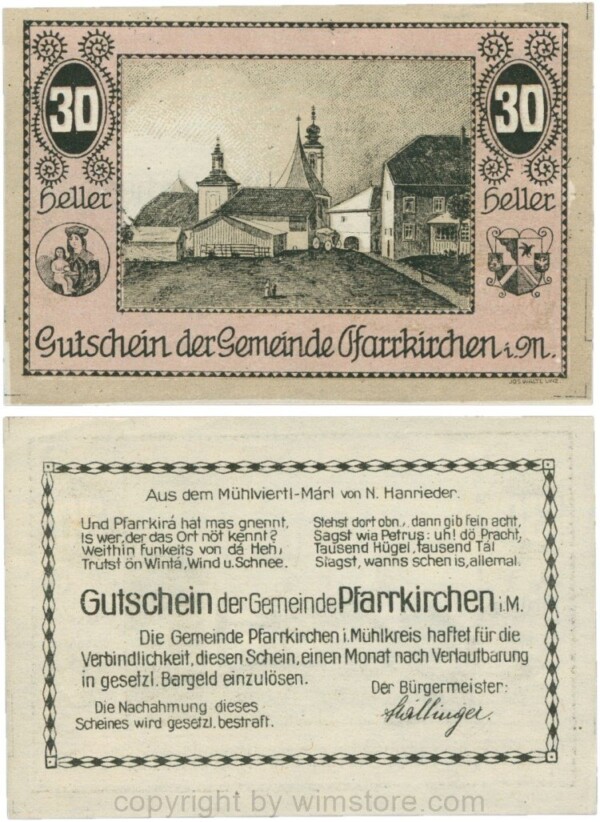 Pfarrkirchen im Mühlkreis, G744.3e, 30 Heller, Bildseite violett; 1-