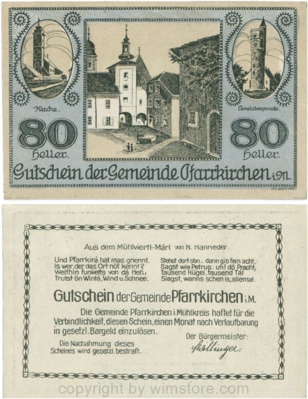 Pfarrkirchen im Mühlkreis, G744.3e, 80 Heller, Bildseite blau; 1