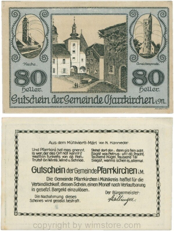 Pfarrkirchen im Mühlkreis, G744.3e, 80 Heller, Bildseite blau; 1-