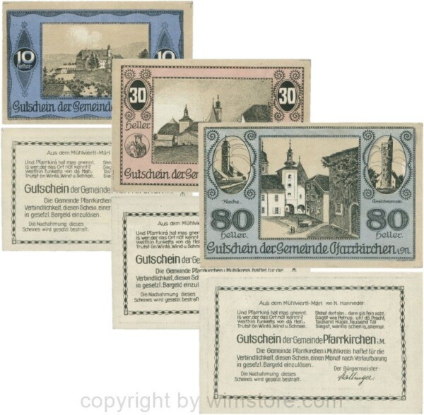 Pfarrkirchen im Mühlkreis, G744.3e, Serie 10, 30 und 80 Heller; 1