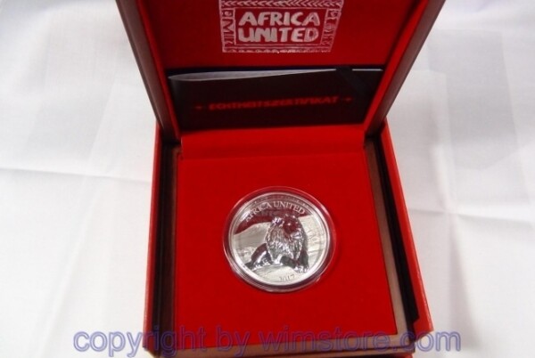 Afrika - Benin, Elfenbeinküste, Kongo, Mali, Niger gemeinsam, 1500 Francs CDF 2017, Löwe, 999er Silber, 3 Unzen, PP, in Holzbox und Karton